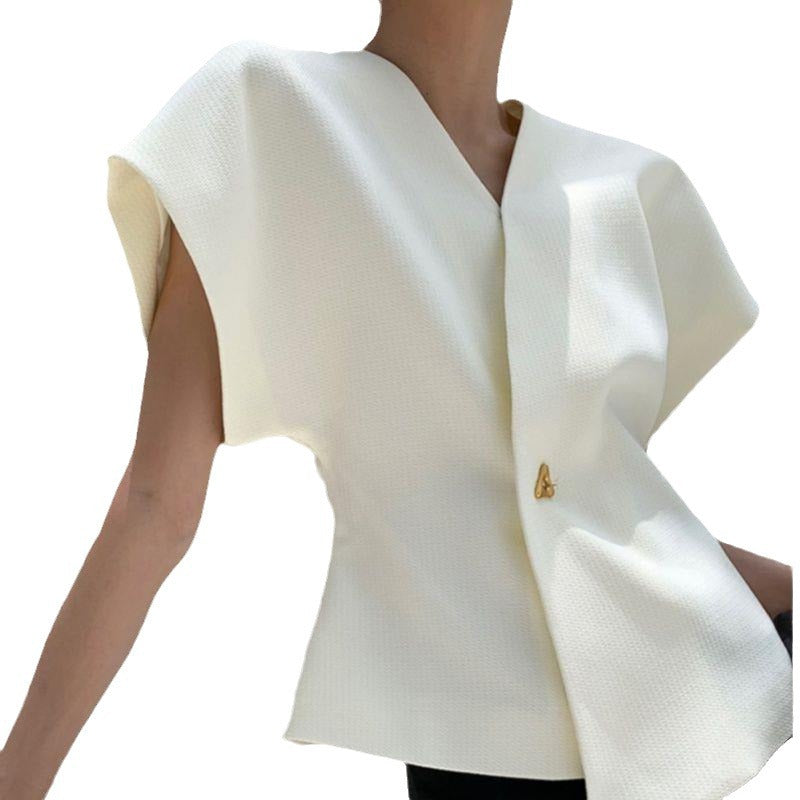 One-Button Vest Suit Fashionable French Elegant Top Asymmetrical Vest Tight Waist Slimming Shoulder Sleeve Women