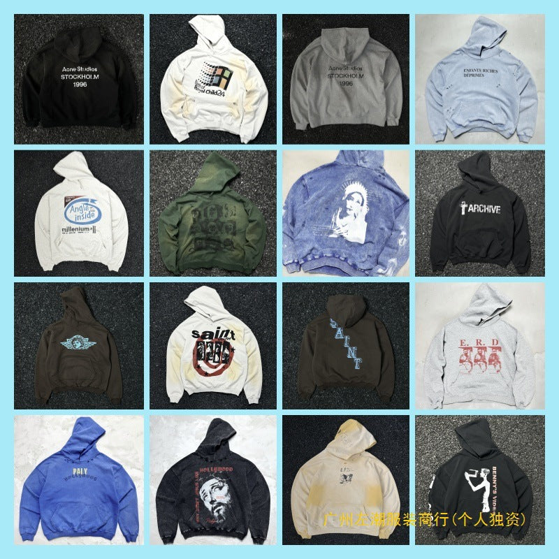 High Street Hooded Sweatshirts For Men And Women, Loose Couple Jackets, Embroidered Trendy Basic Popular Hip-hop Distressed Jackets