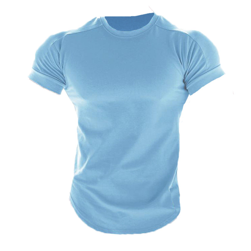 Muscle Boy Cotton Elastic Short-sleeved Men's Summer Solid Color Sports T-shirt Fitness Sweat-absorbing Round Neck T-shirt