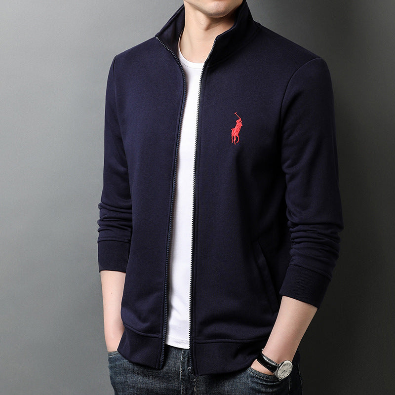 Autumn New Sports Jacket Men's Embroidery Solid Color Cardigan Sweater Zipper Stand Collar Top Casual Jacket Men's Clothing