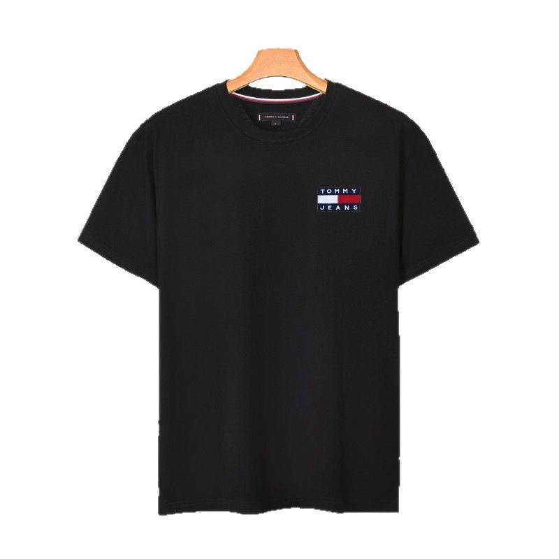 Men's Short-Sleeve Pure Cotton Round Neck Slim Fit Solid Color Base Shirt With Large Logo Embroidery T-Shirt