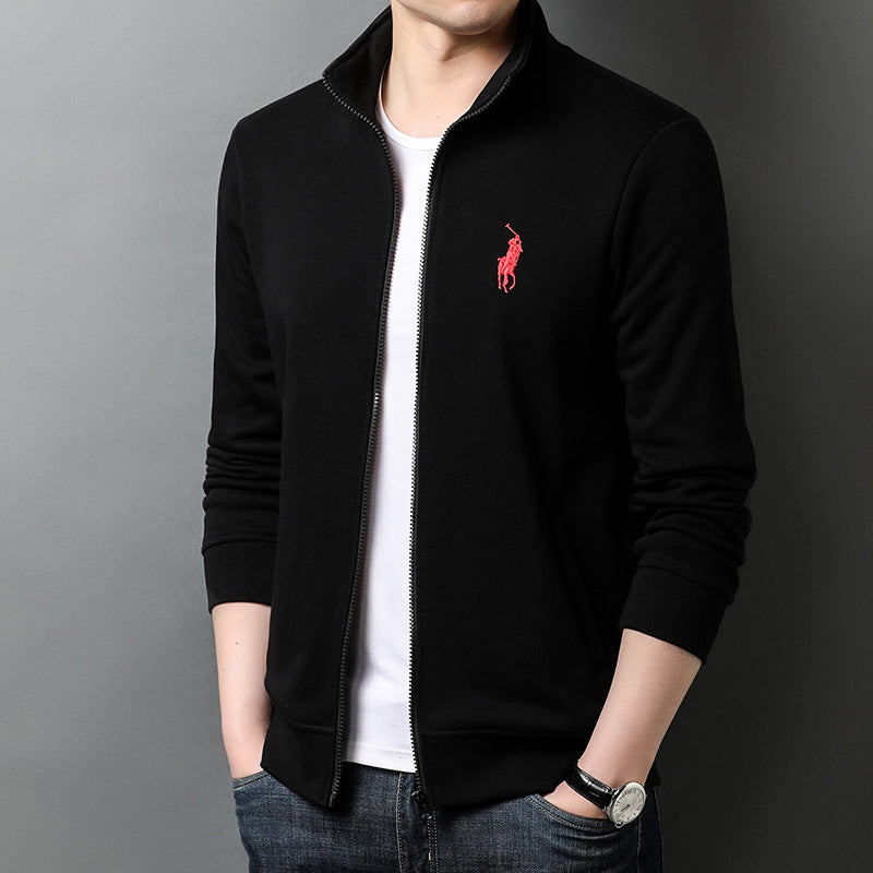 Autumn New Sports Jacket Men's Embroidery Solid Color Cardigan Sweater Zipper Stand Collar Top Casual Jacket Men's Clothing