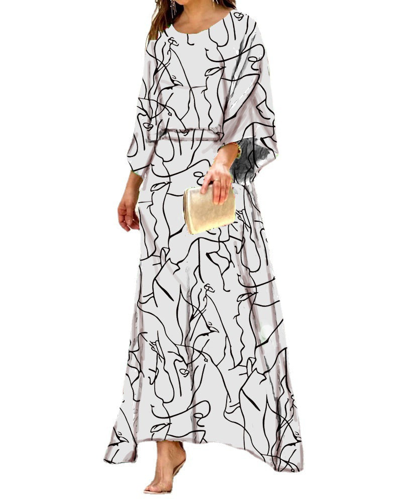 Women's Summer New Loose Large Size Printed Long-sleeved Top High Waist Half-length Dress Suit