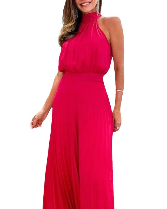 New Elegant Round Neck Solid Color Waist Loose Pleated Dress