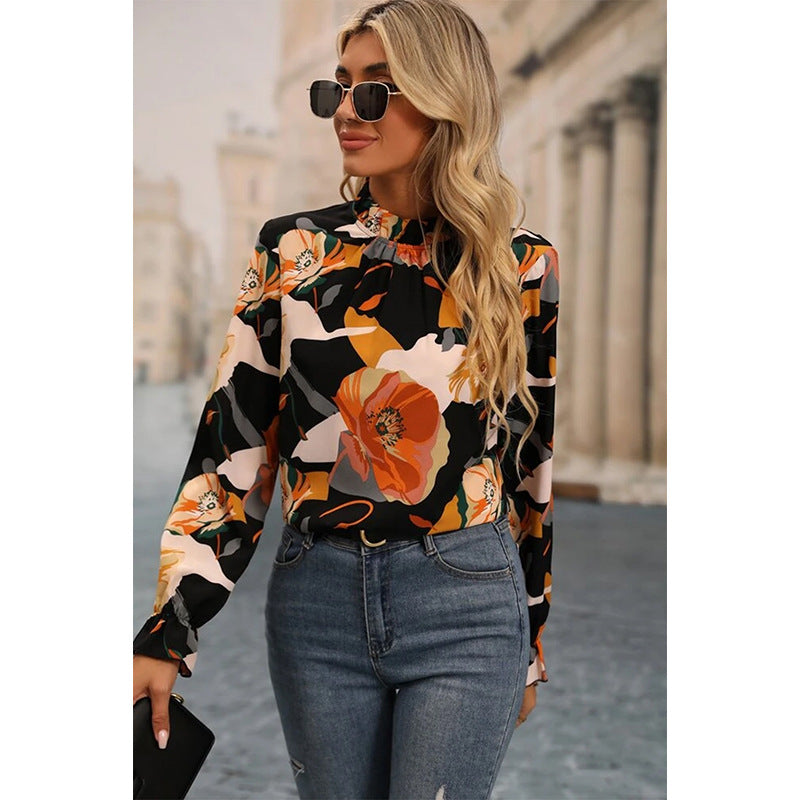 Shiying Autumn Thin Floral Print Pullover For Women 2024 European And American Cross-border Temperament Commuter Contrast Color Chiffon Shirt For Women