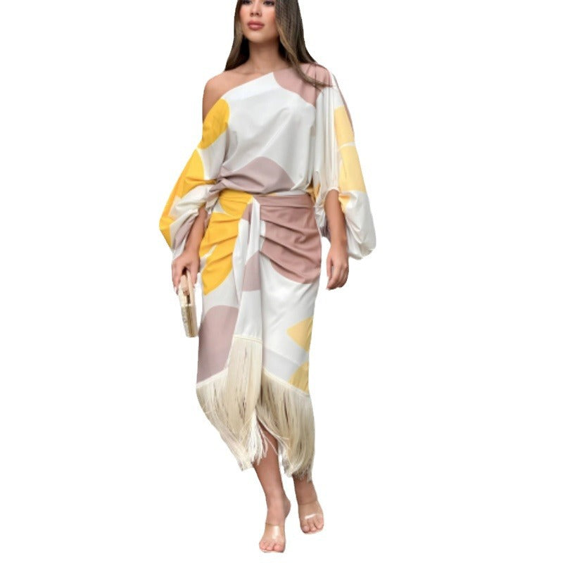New Printed Lantern Sleeve Loose Top Tassel Hem Skirt Women's Two-piece