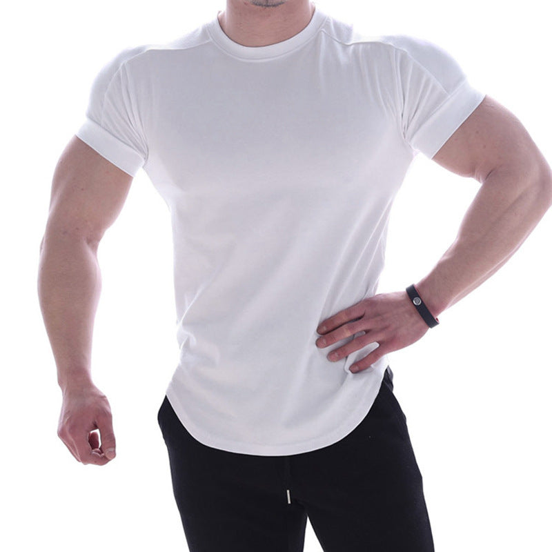 Muscle Boy Cotton Elastic Short-sleeved Men's Summer Solid Color Sports T-shirt Fitness Sweat-absorbing Round Neck T-shirt