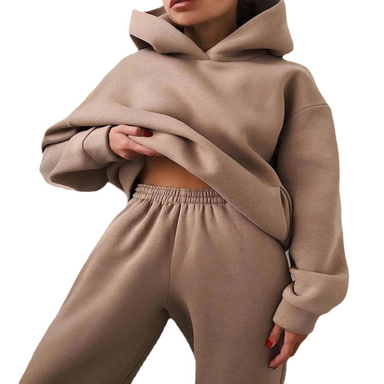 Fashion Leisure Hooded Sweater Two-piece Long Sleeve Solid Color Fleece Shrink Foot Casual Suit