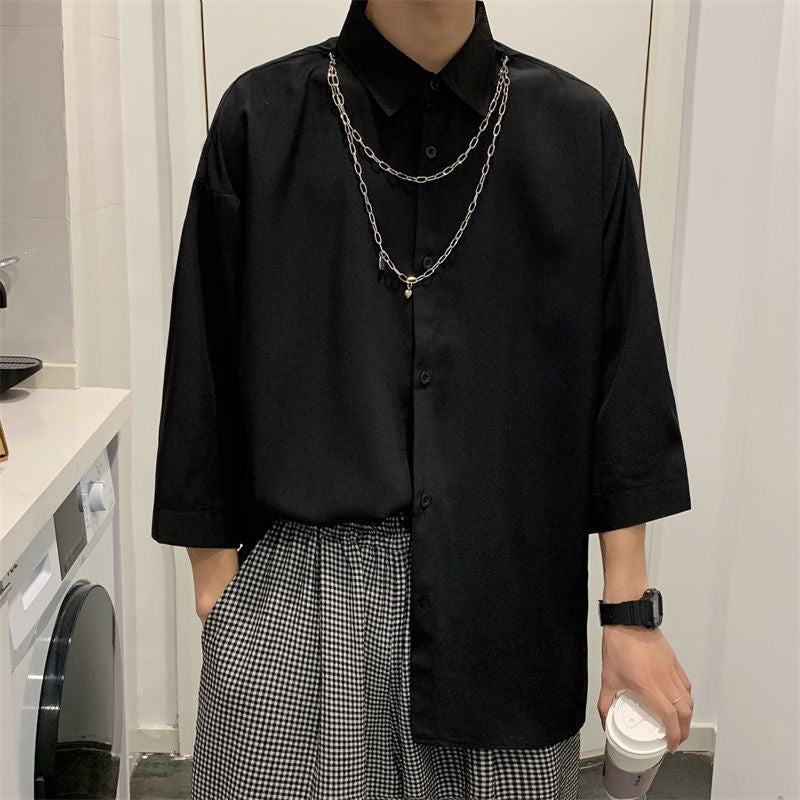 Men's Fashionable Pure Ribbon Necklace Loose Short-sleeved Korean Style Men's And Women's Dark Style All-match Seven-sleeve Shirt