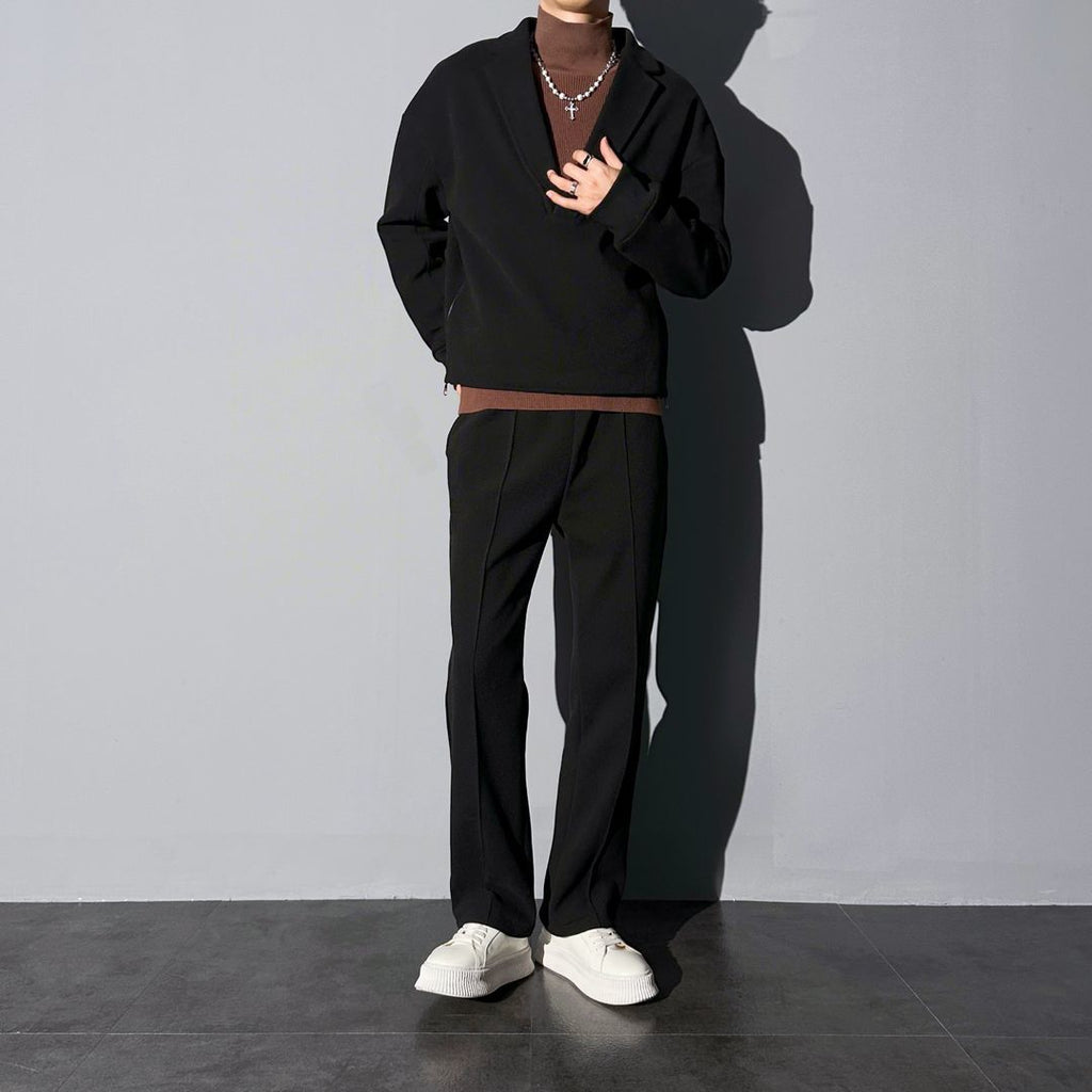 Woolen Casual Suit Men's Suit Collar Loose Solid Color Two-piece Set Side Zipper