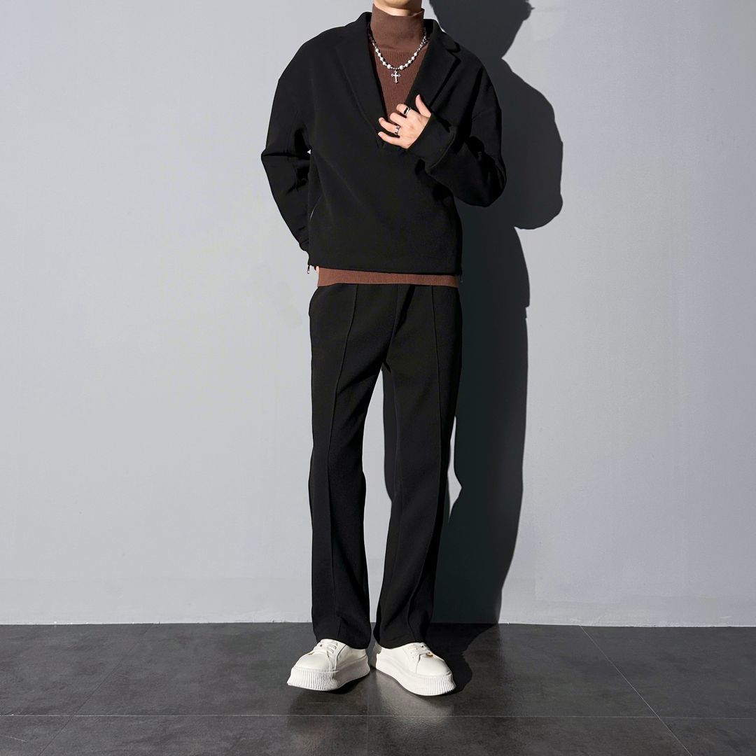 Woolen Casual Suit Men's Suit Collar Loose Solid Color Two-piece Set Side Zipper