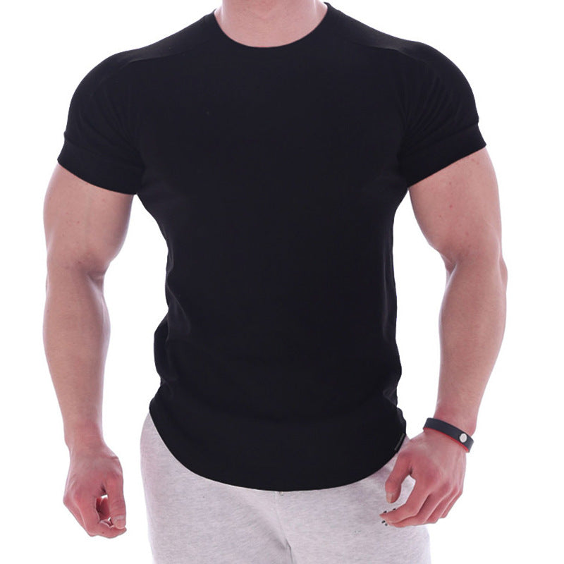 Muscle Boy Cotton Elastic Short-sleeved Men's Summer Solid Color Sports T-shirt Fitness Sweat-absorbing Round Neck T-shirt
