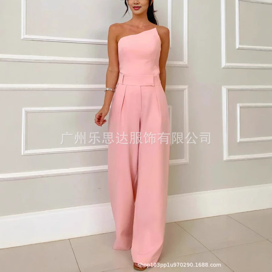 Women's Clothing High Waist Elegant Strapless Short Top High Waist Pocket Wide Leg Pants Suit Women
