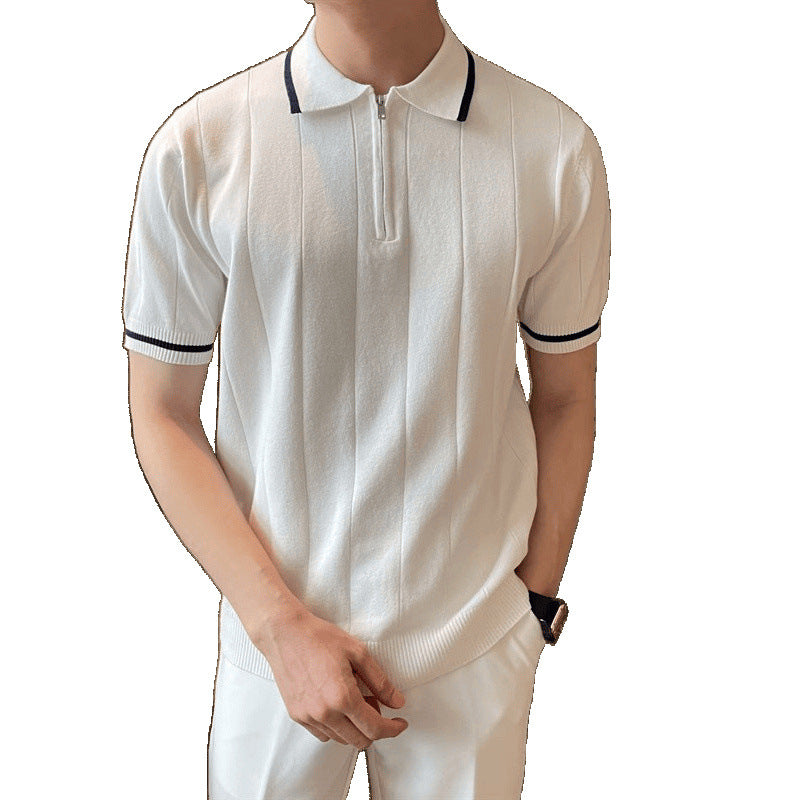 Short-Sleeved Lapel Casual Knitwear, Simple Small Fragrant Style Concave And Convex Stripesd Half-Zip Trendy Men's Polo Shirt