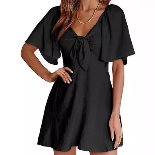 Women Clothing Shein V-neck Bow Lace-up Short Sleeve Mini Dress