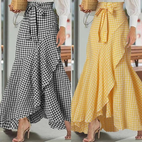 Women's Plaid Mermaid Skirt Ruffled Irregular Hem High Waist Casual Umbrella Wrap Maxi Skirt