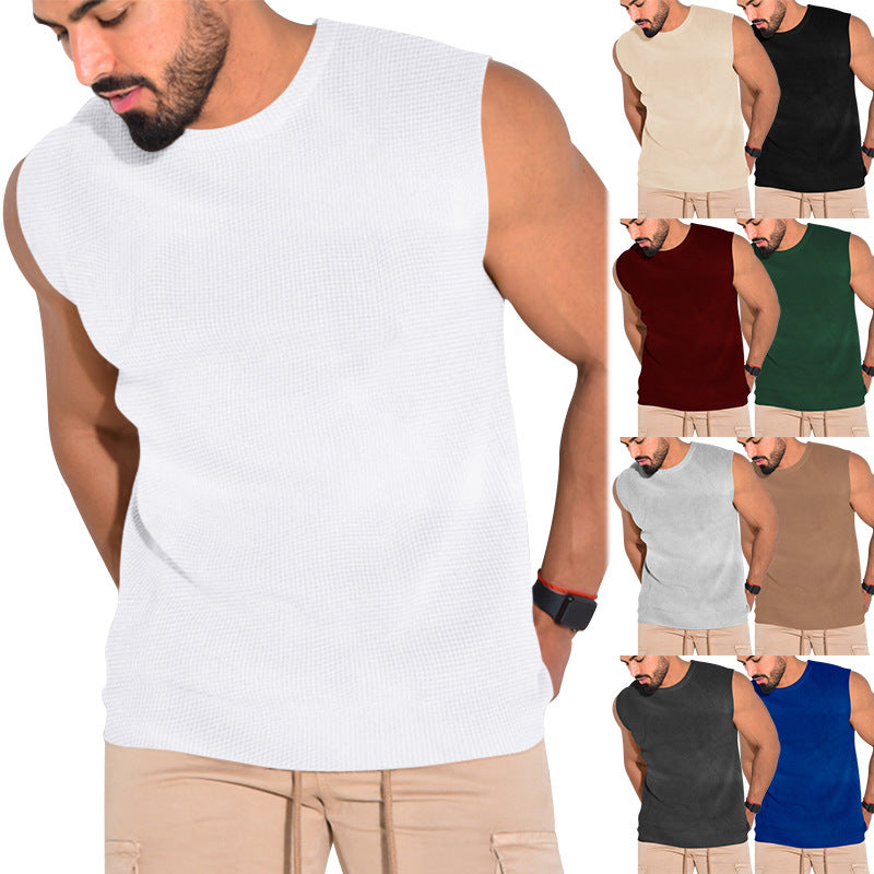 Men's Summer Heavy Waffle Vest Shoulder Vest Men's European And American Sports Slim Vest Men's Sleeveless T-shirt