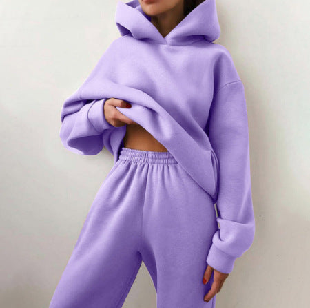 Fashion Leisure Hooded Sweater Two-piece Long Sleeve Solid Color Fleece Shrink Foot Casual Suit