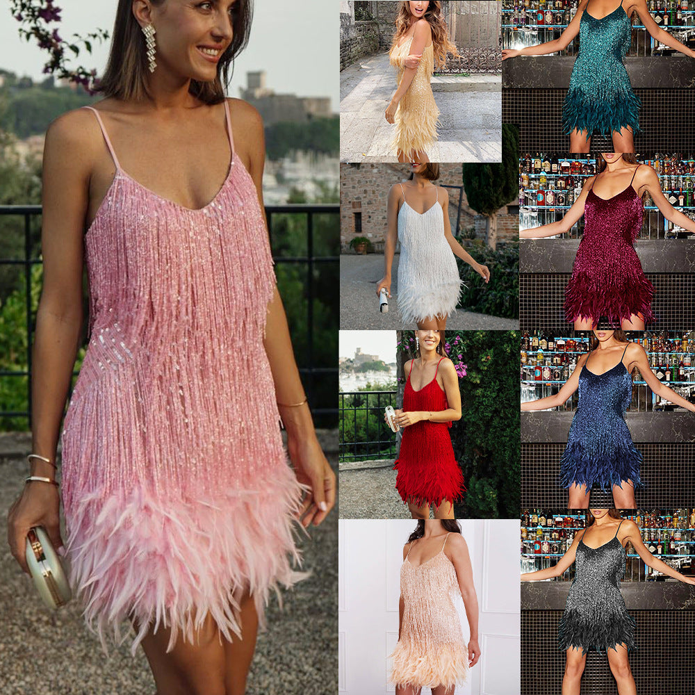Sequin Tassel Feather Sexy V-neck Strap Dress