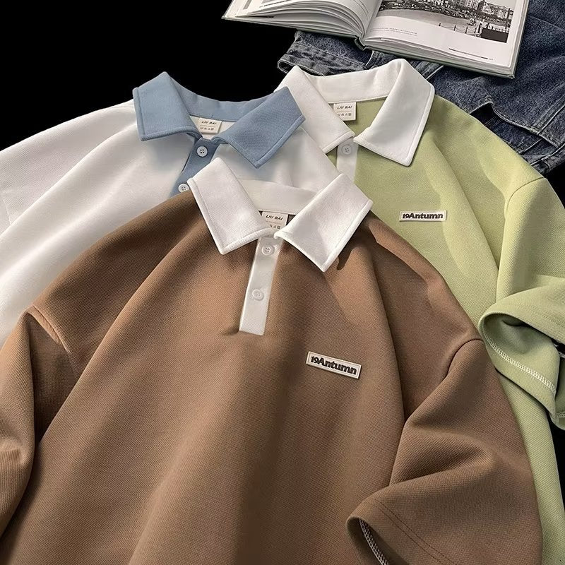 Boys Polo Shirt Summer New American Style Fashion Brand Label Color-matching Lapel Top Short-sleeved T-shirt For Teenagers And Students