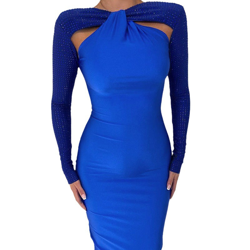 New Sexy Tight Long Hot Rhinestone Long Sleeve Stitching Dress