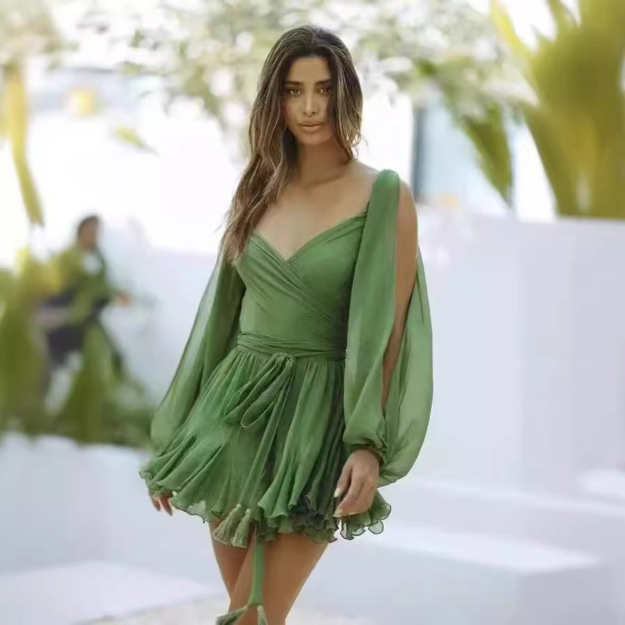 Dress Sexy Spice Girls Hollow Lantern Sleeve V-neck Shoulder Dress