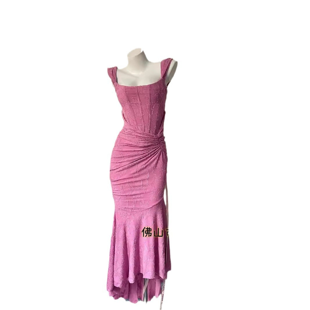 New Pleated Lace Dress Socialite Niche Design Dress Sexy Strap Jacquard Dress