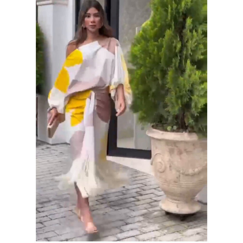 New Printed Lantern Sleeve Loose Top Tassel Hem Skirt Women's Two-piece