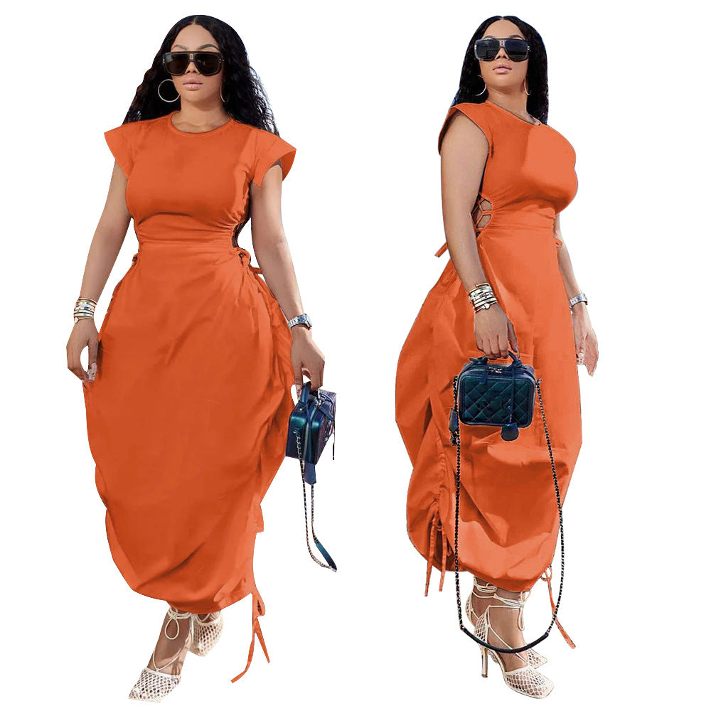 Summer New European And American Women's Round Neck Waist Flower Bud Skirt Solid Color Dress