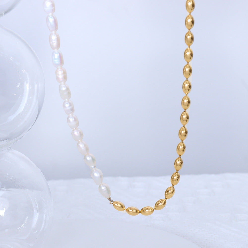 French Retro Ins Simple Niche Design Sense Freshwater Pearl Stitching Steel Bead Necklace Mother Pearl Jewelry