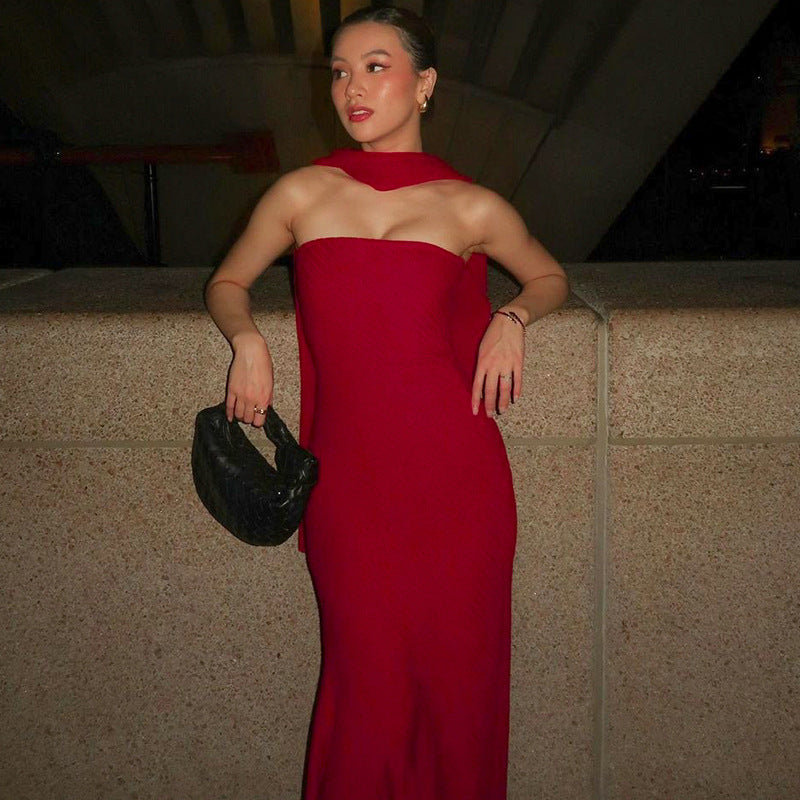 Europe And The United States Cross-border Hot Summer New Fashion Temperament Close-fitting Waist Wrapped Breast Fish Swing Pattern Skirt Bottom Shawl Dress