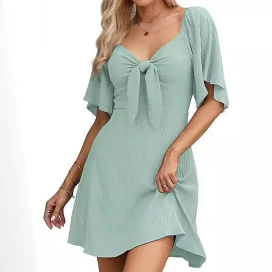 Women Clothing Shein V-neck Bow Lace-up Short Sleeve Mini Dress