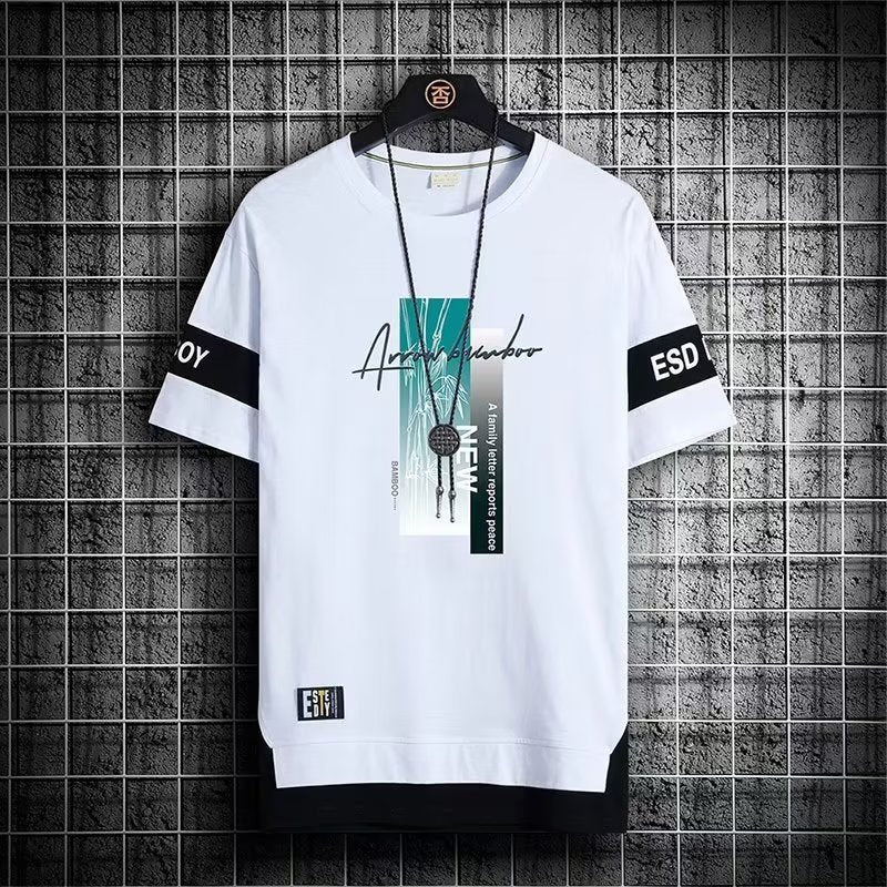 Summer Fake Two-piece Short-sleeved T-shirt Men's Youth Clothes Trendy Casual Round Neck Simple Printed Top Men's Half-sleeved T-shirt