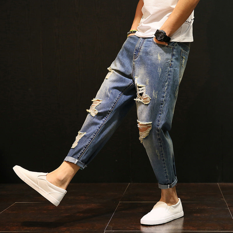 Spring And Autumn Ripped Cropped Pants Men's Loose Jeans Japanese Style Skinny Student Plus Size Cropped Beggar Pants Trendy 5198
