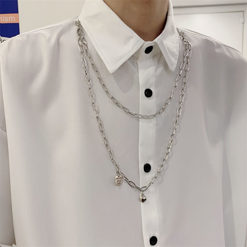 Men's Fashionable Pure Ribbon Necklace Loose Short-sleeved Korean Style Men's And Women's Dark Style All-match Seven-sleeve Shirt