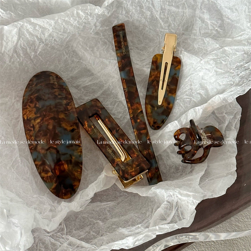 Korean Retro Advanced Color Matching French Blue Coffee BB Side Clip Bangs Clip Hair Clip Grab Clip Headdress Back Of The Head Female Hair Accessories