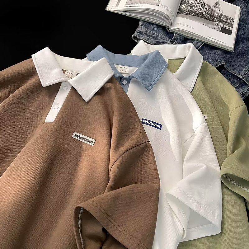 Boys Polo Shirt Summer New American Style Fashion Brand Label Color-matching Lapel Top Short-sleeved T-shirt For Teenagers And Students