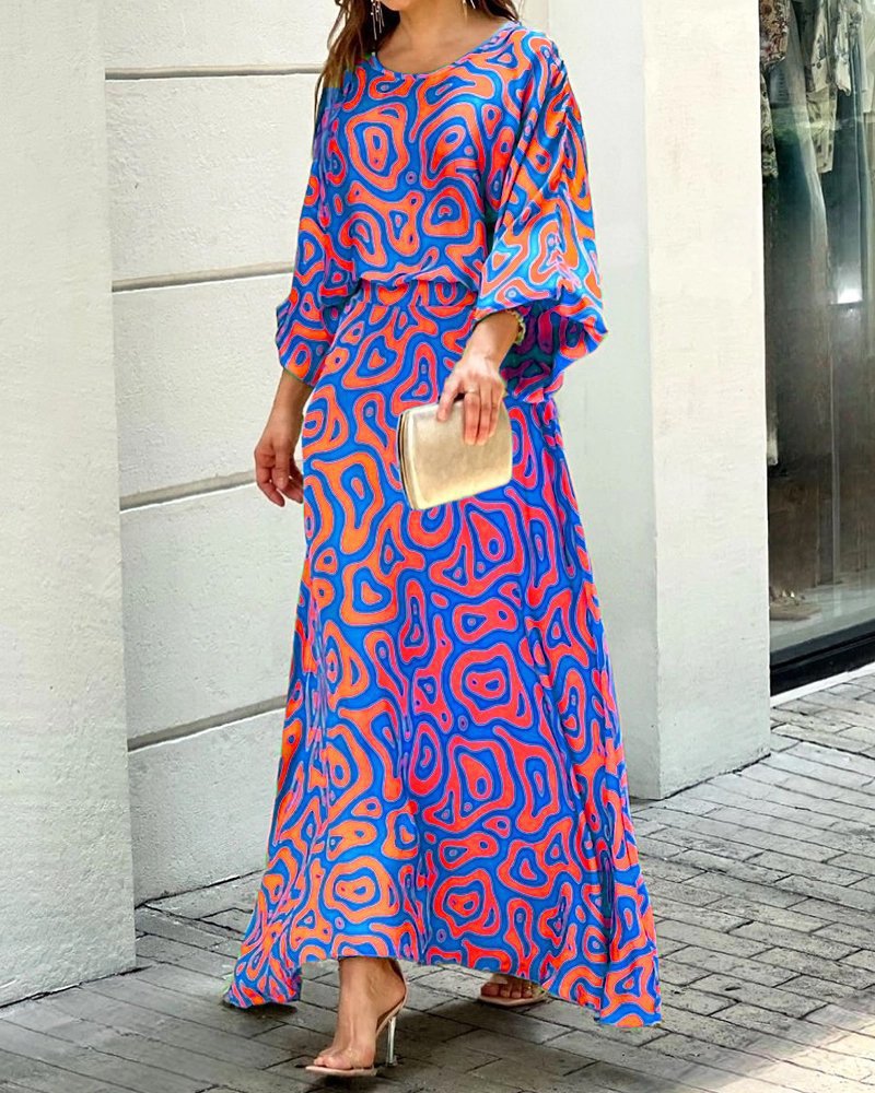 Women's Summer New Loose Large Size Printed Long-sleeved Top High Waist Half-length Dress Suit