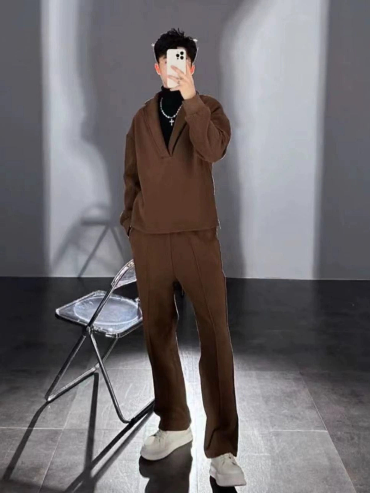 V-neck Pullover Woolen Casual Suit Men's Suit Collar Loose Solid Color Two-piece Suit Side Zipper