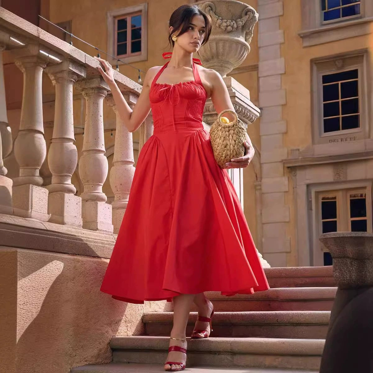 Women's Sexy Neck Floral Dress Long Dress Slim-fit Vacation Dress Women