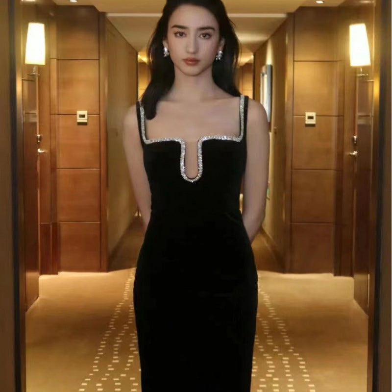 Early Spring New French Style Sexy Socialite Diamond Collar Party Party Dress Velvet Dress