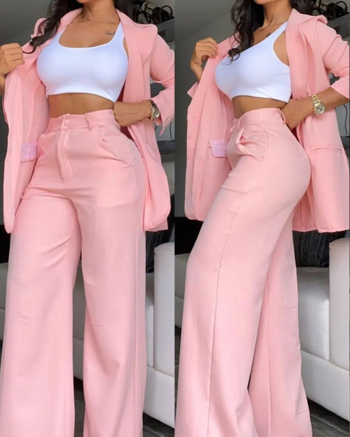 Women's Elegant Solid Color Split Sleeve Lapel Suit Pocket Straight Pants Suit