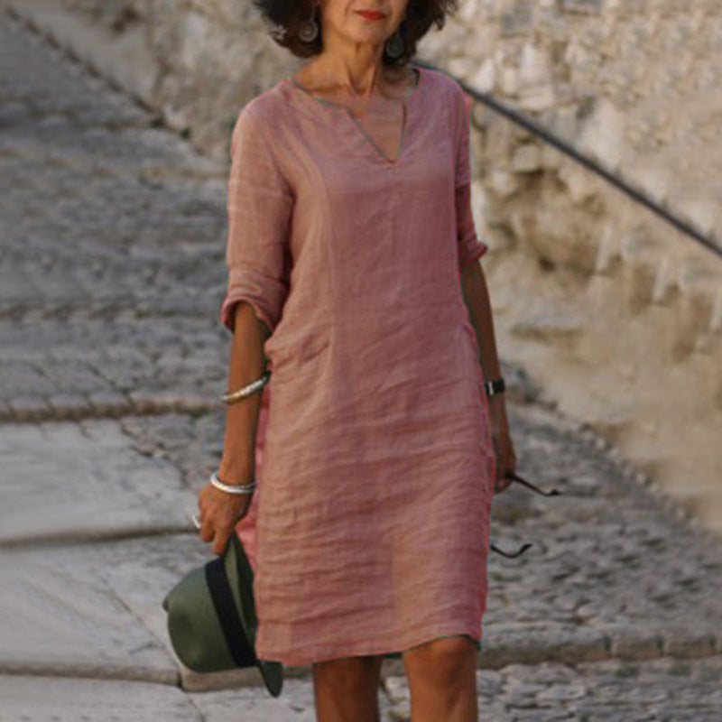Sleeve Dress Women's Linen Cotton Fabric