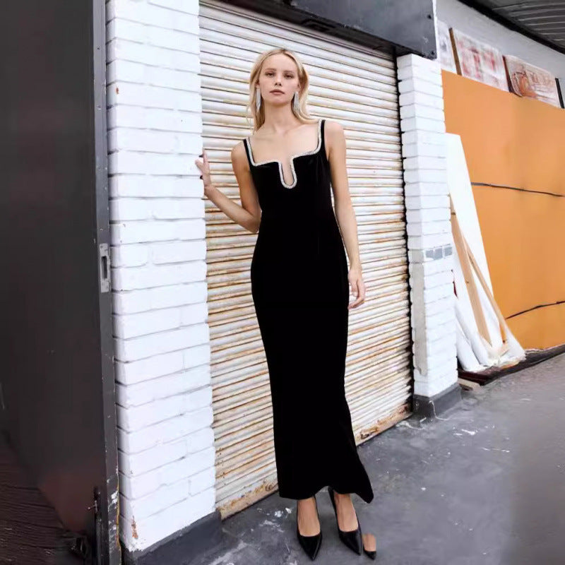 Early Spring New French Style Sexy Socialite Diamond Collar Party Party Dress Velvet Dress