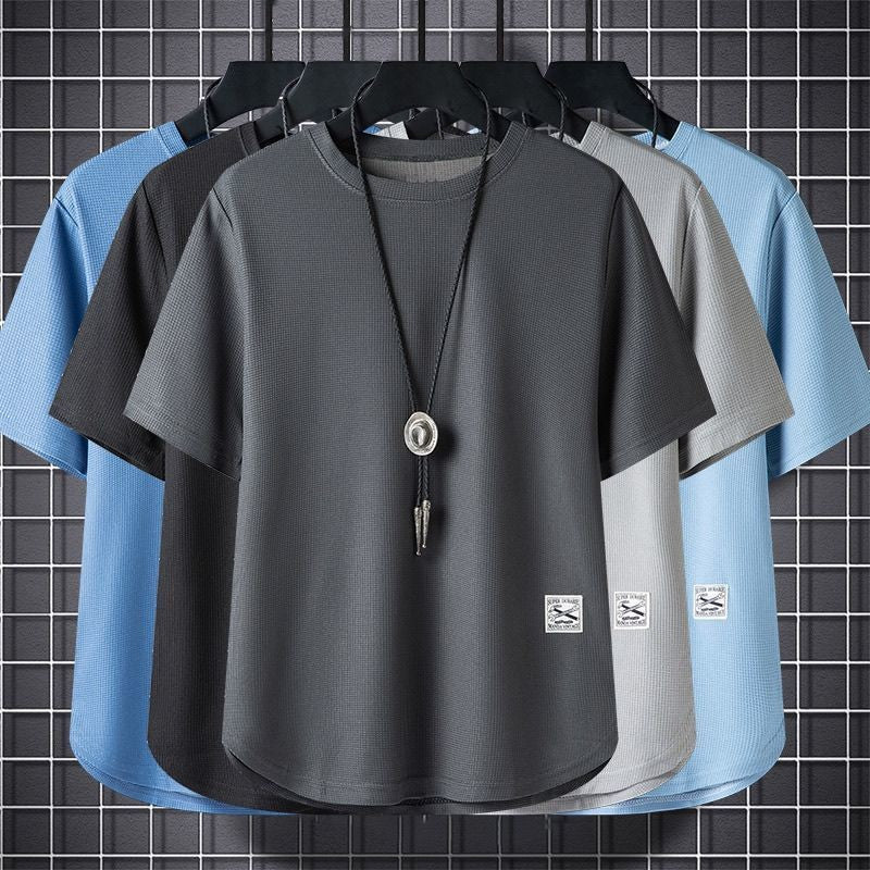 Batch Of Waffled Short-sleeved T-shirt Men's Summer Loose Plus Size Crewneck Breathable Solid Color Base Shirt Half-sleeved Top
