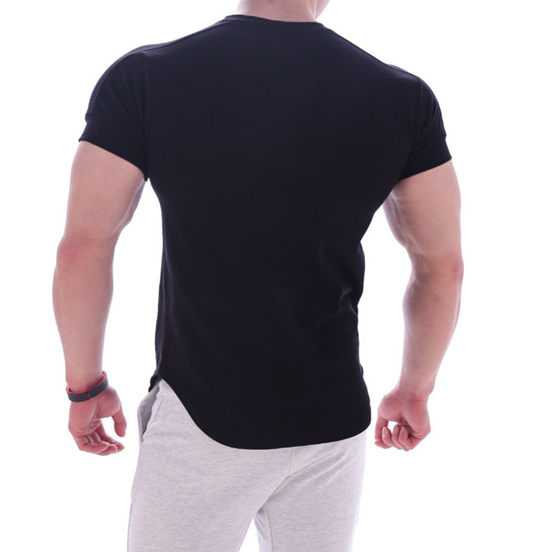 Muscle Boy Cotton Elastic Short-sleeved Men's Summer Solid Color Sports T-shirt Fitness Sweat-absorbing Round Neck T-shirt