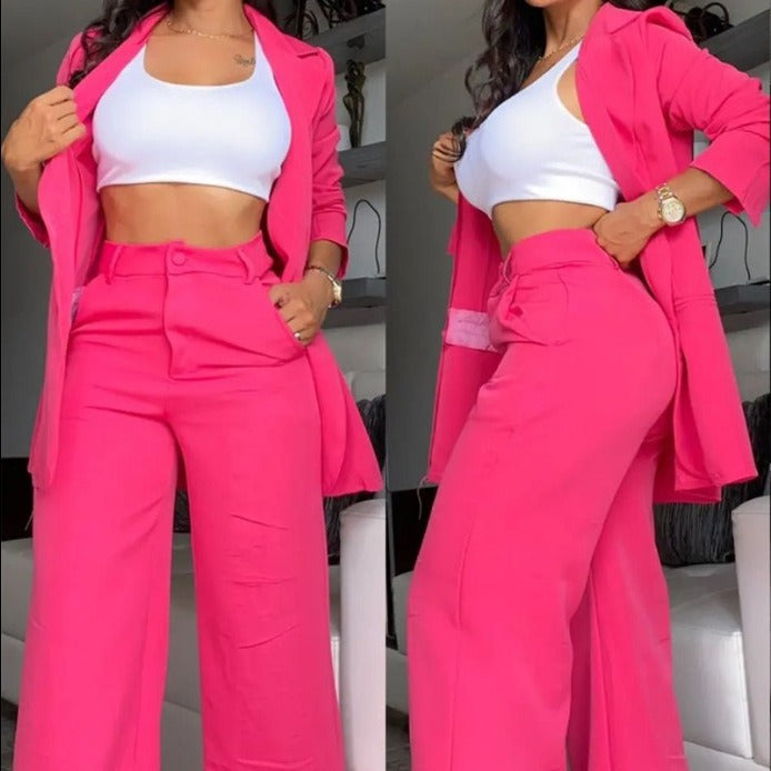 Women's Elegant Solid Color Split Sleeve Lapel Suit Pocket Straight Pants Suit