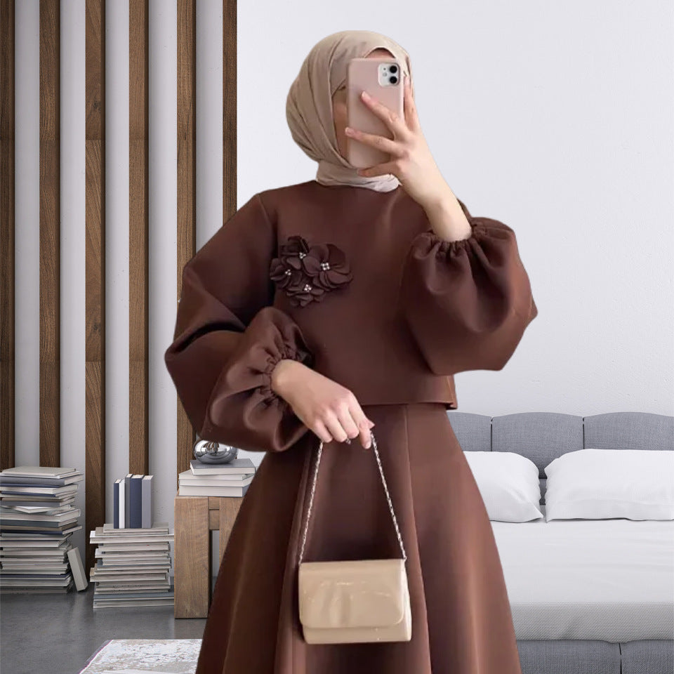 Spring New Middle East Dubai Flower Design Lantern Sleeve Dress Women's Dress Suit Two-piece Set