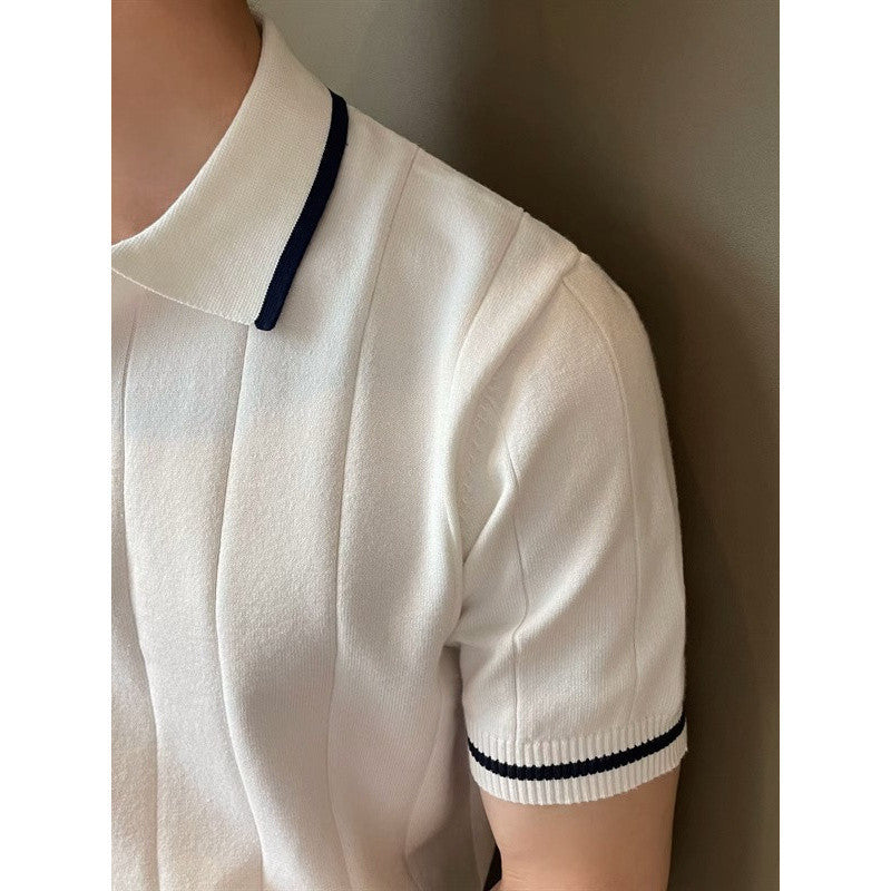 Short-Sleeved Lapel Casual Knitwear, Simple Small Fragrant Style Concave And Convex Stripesd Half-Zip Trendy Men's Polo Shirt