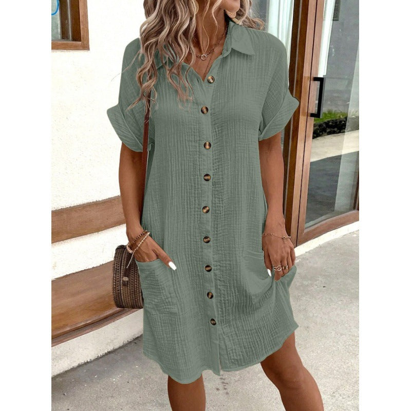 Summer Simple V-neck Button Cotton Linen Dress Women's Shirt Dress